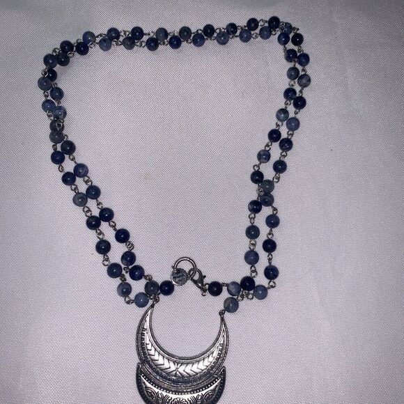 Marlyn Schiff Beaded Pendent boho Necklace Natural Stone beads dark blue/light - Picture 1 of 6